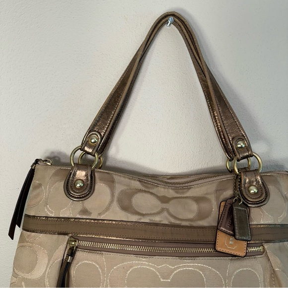 Coach Glam Tote Khaki Metallic Gold Signature C Fabric Bronze Leather Trim - Picture 3 of 16